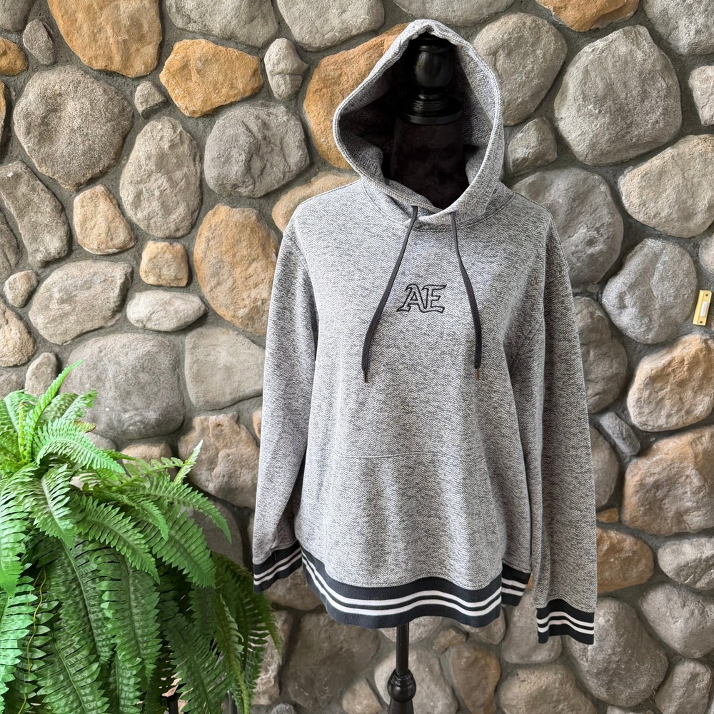 American Eagle Grey Herringbone Pullover Hoodie Varsity Stripe AE Logo Sz L
